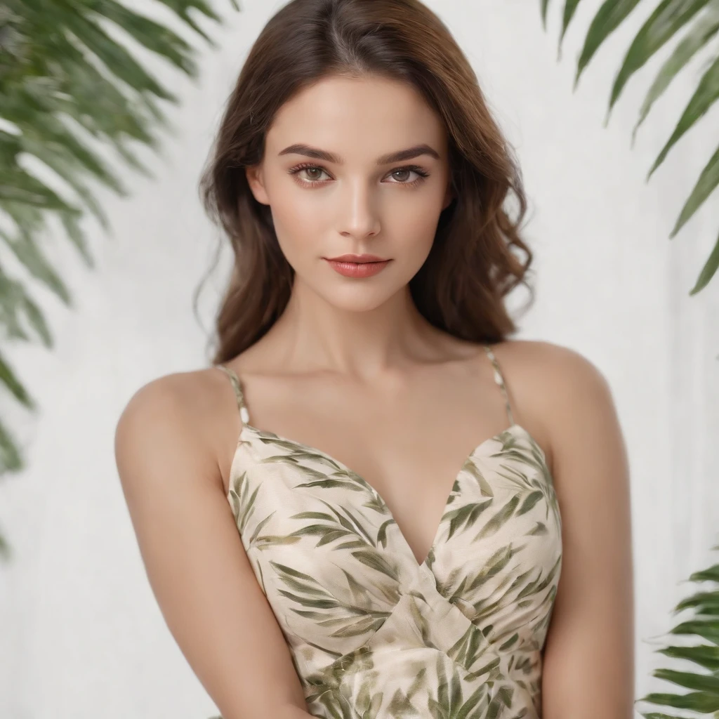 woman in beige dress printed with palm leaves, white studio background, bokeh style, in the style of ultrafine detail, high quality photo, close up, 135 mm f/8 --ar 2:3 --v 5