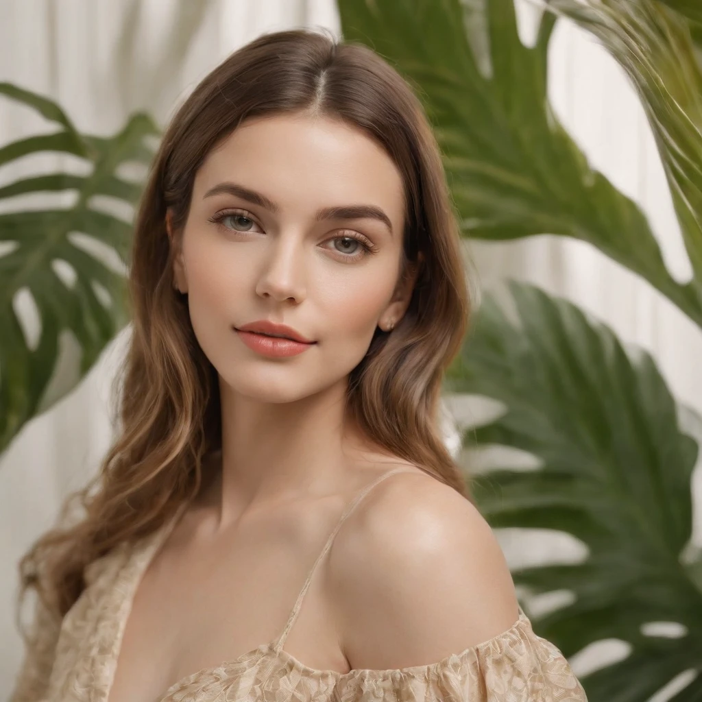 woman in beige dress printed with palm leaves, white studio background, bokeh style, in the style of ultrafine detail, high quality photo, close up, 135 mm f/8 --ar 2:3 --v 5