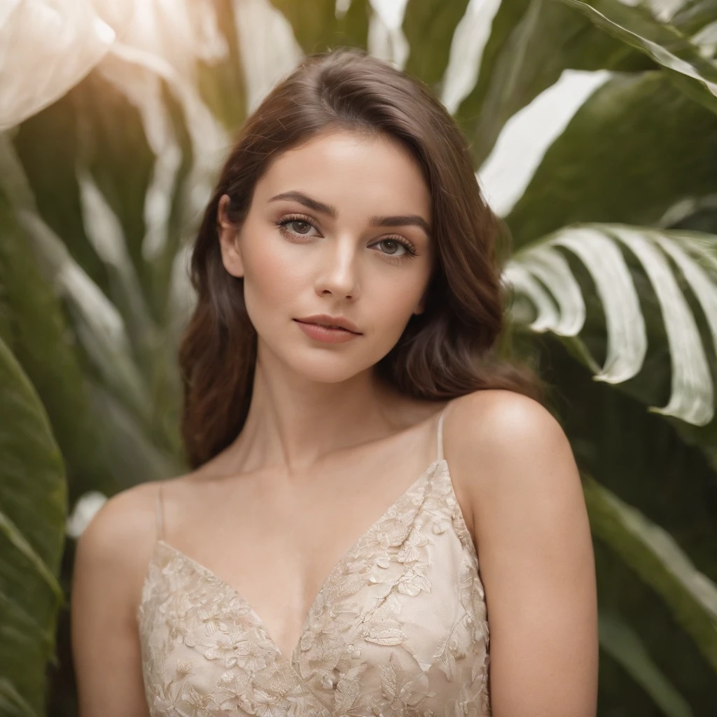 woman in beige dress printed with palm leaves, white studio background, bokeh style, in the style of ultrafine detail, high quality photo, close up, 135 mm f/8 --ar 2:3 --v 5