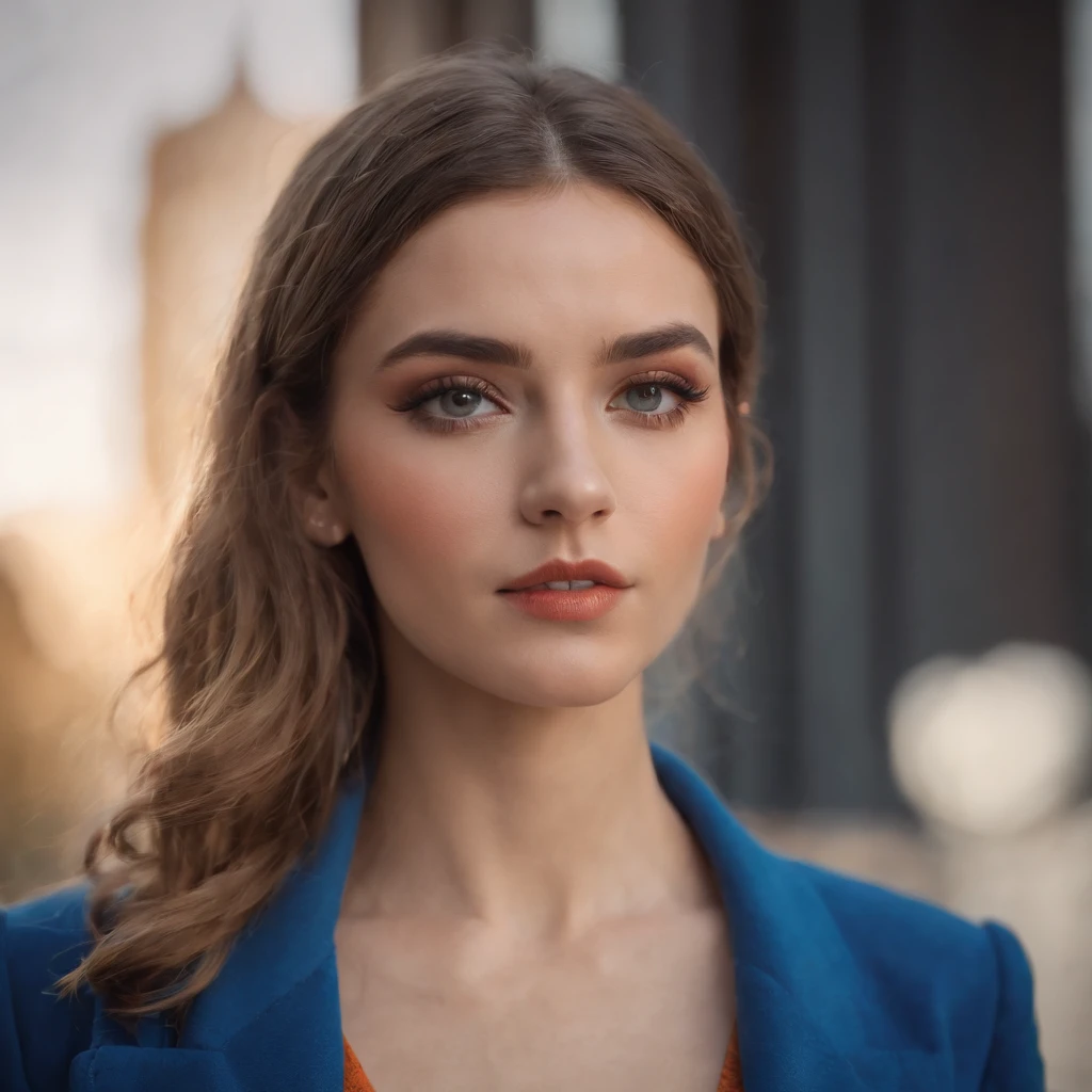 a young woman in a blue jacket with orange and blue makeup, in the style of fujifilm natura 1600, androgynous, Oscar Dominguez, uhd image, playing with light and shadow, klaus pillon, jagged edges --ar 72:107 --v 5