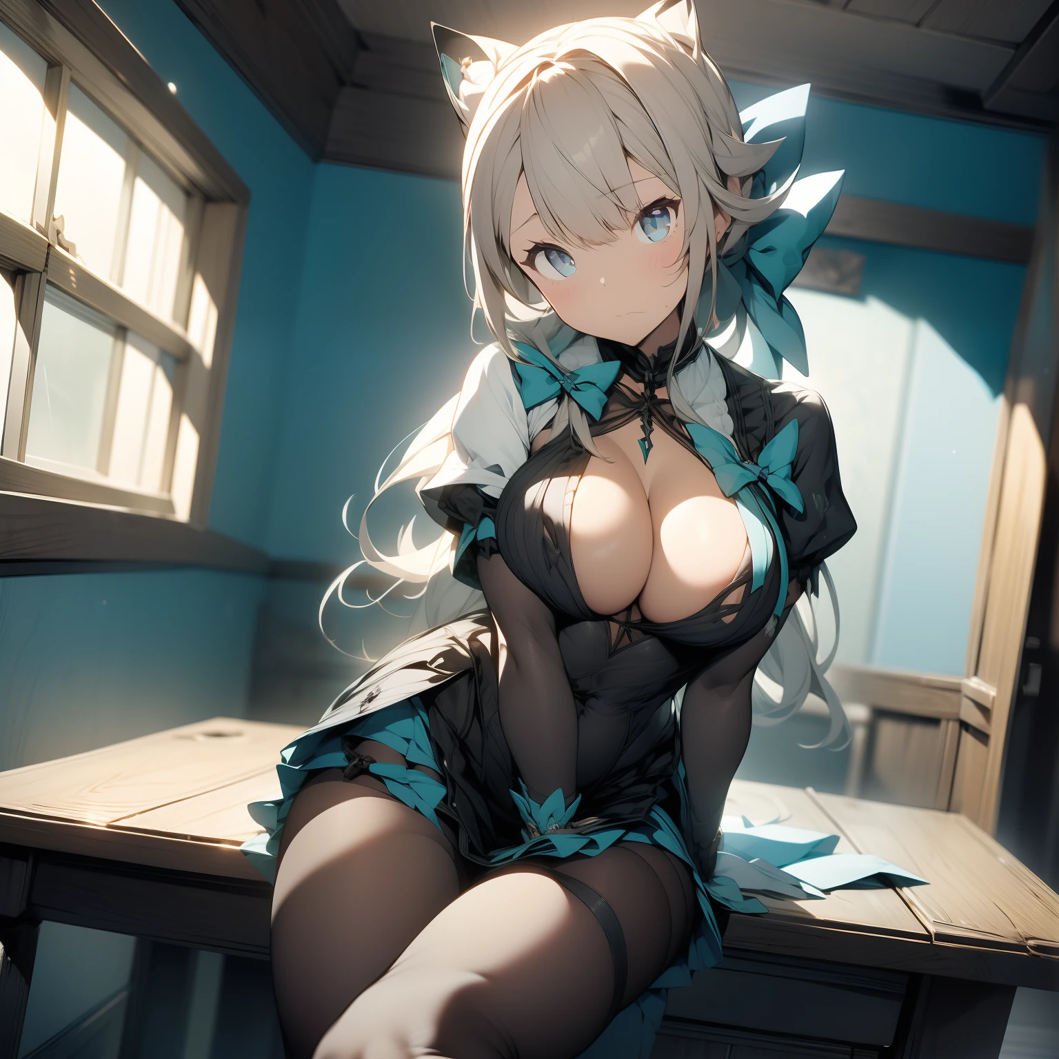 (masterpiece),best quality, expressive eyes, perfect face, 1girl, she has cat-ears
big breast, H-cup, good breast, beautiful, gorgeous ,large breast, sitting on a desk, medium shot, indoors, magician office, cleavage, white sleeves, Turquoise bow, black school skirt, bow, feminine, blushing
lynette "Genshin_Impact"