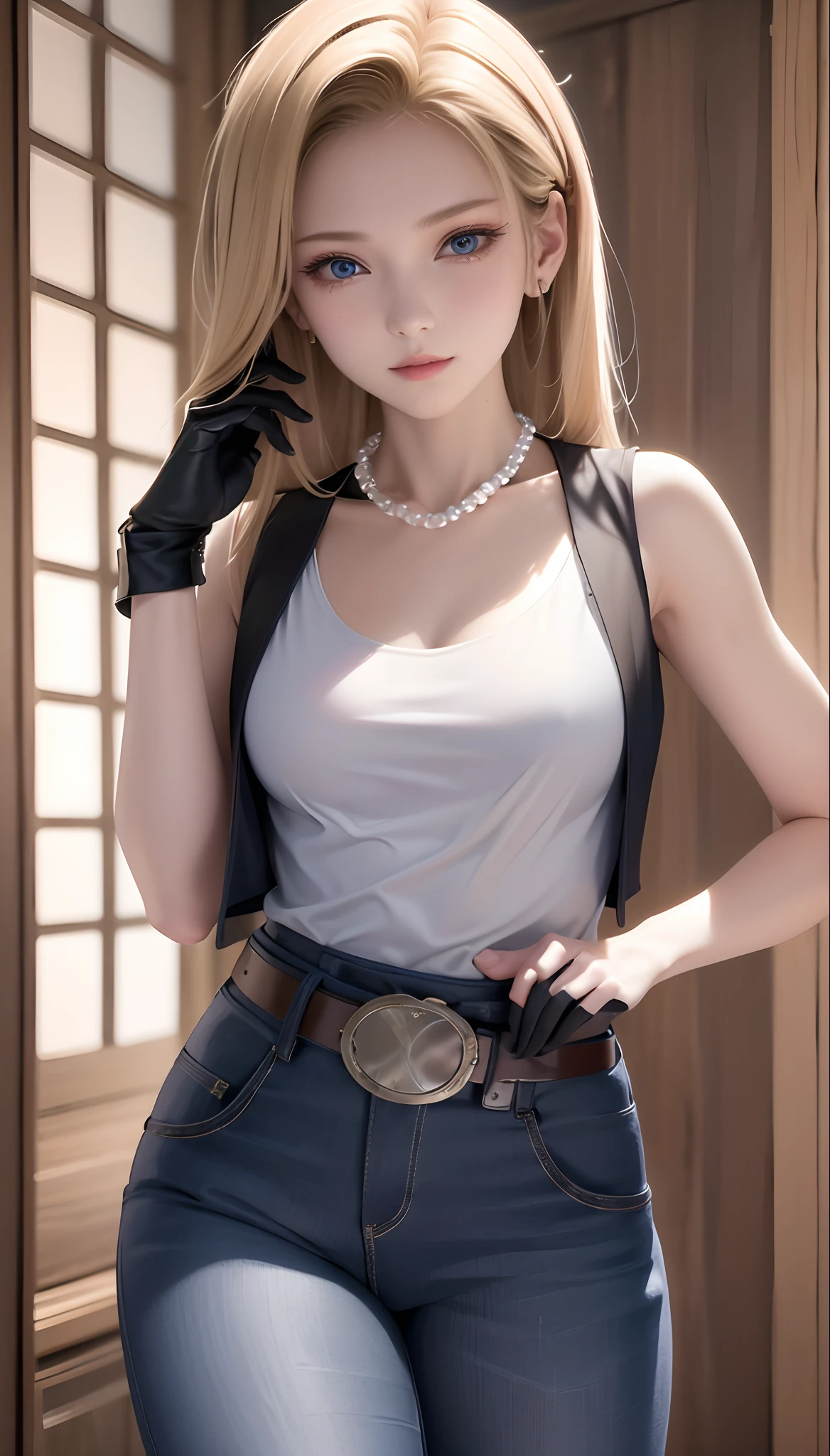 8K、Actual image、intricate detailes、ultra-detailliert、(Photorealsitic)、
and18, 1girl, android 18, blonde  hair, blue eyess, a belt, JINS, pearl_necklace, A bracelet, black gloves, white  shirt, length hair, shortsleeves, 耳环, Blue pants, open vest, Black vest,
placid、signature