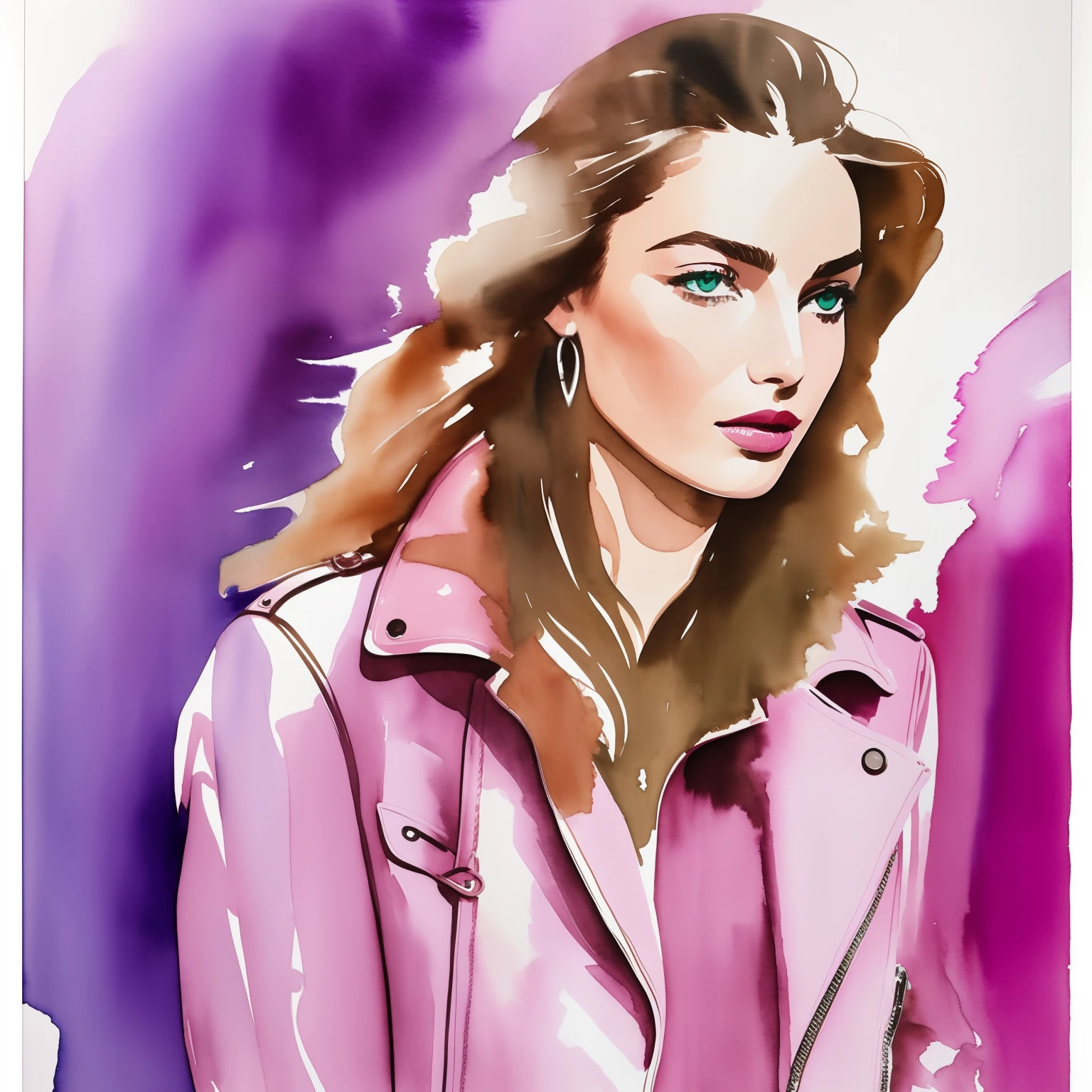David downton fashion illustration, woman light brown blonde french bob, andreea diaconu, green eyes, gentle pink lipstick, lilac oversized leather jacket, jeans, paris street, book shop, natural color, cinematic, watercolor, hand-drown