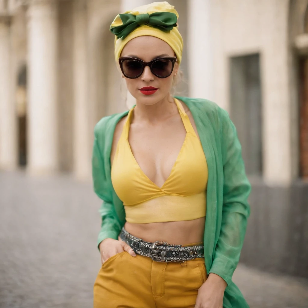 a woman wearing tropical colored pants, a hat, and sunglasses, in the style of ilford pan f, made of rubber, punk, kodak vision3 250d 5207, poolcore, danish golden age, reflective --ar 2:3 --v 5