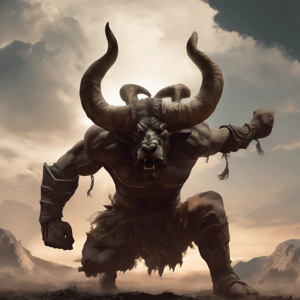 (best quality,highres:1.2),(realistic,photorealistic:1.37),detailed minotaur in a dark maze,ominous atmosphere,fine mist,oil painting,ancient stone walls,minimalistic lighting,contrast,color palette of earth tones,sharp focus,heavy texture,emotive gaze,imposing presence,monstrous physique,towering horns,rippling muscles,thick fur,subtle expressions,heavy breathing,ferocious stance,depth and perspective,clarity,subtle shadows,dynamic composition,mythological creature,symbol of power and strength,mythical beast.