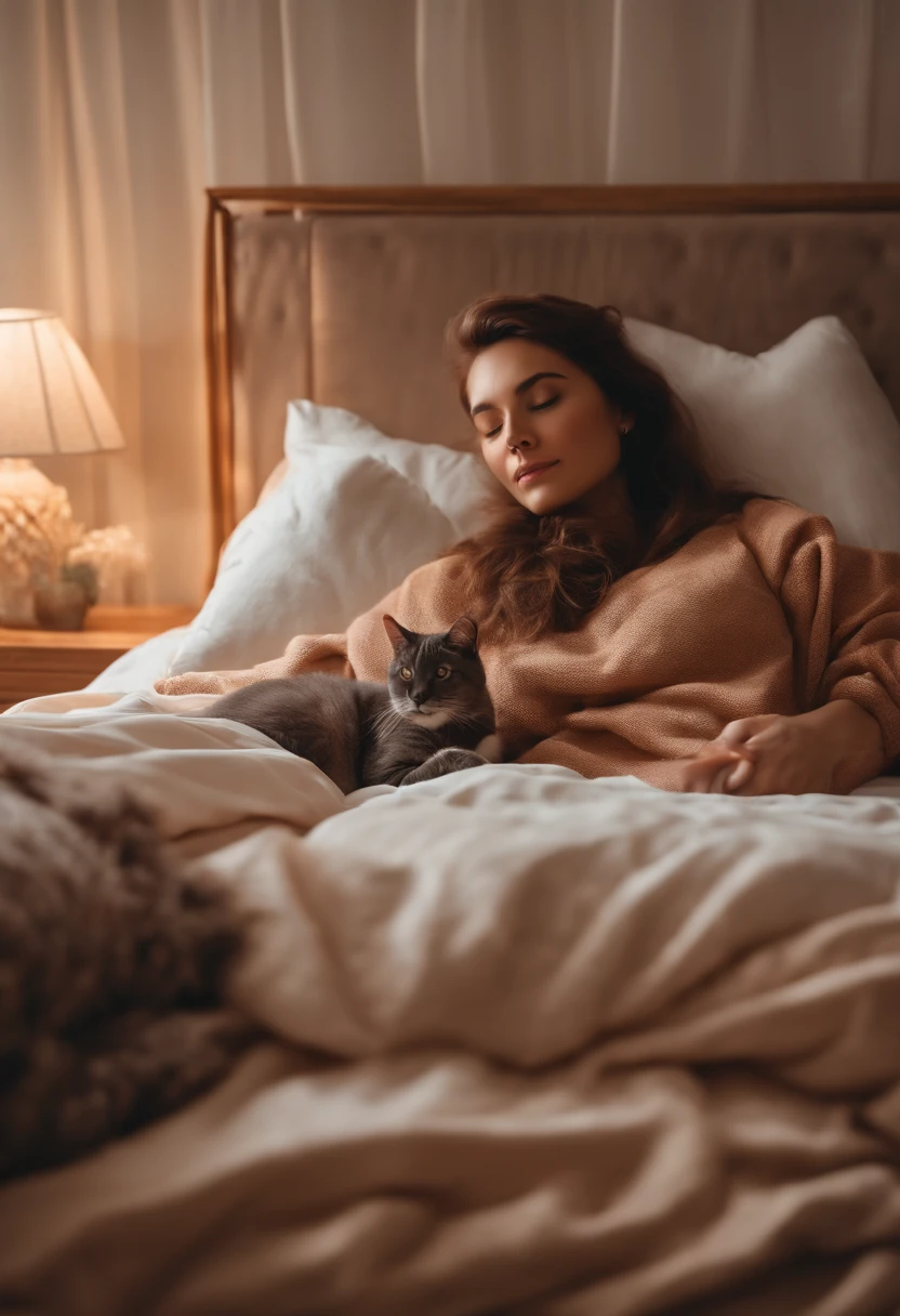 woman dressed in comfortable clothes on her bed with her cat, 80s style, half body shot, high quality photo.