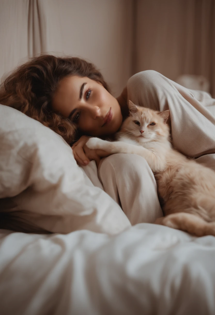 woman dressed in comfortable clothes on her bed with her cat, 80s style, half body shot, high quality photo.