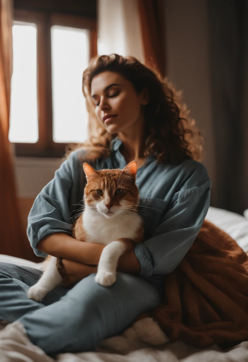 woman dressed in comfortable clothes on her bed with her cat, 80s style, half body shot, high quality photo.
