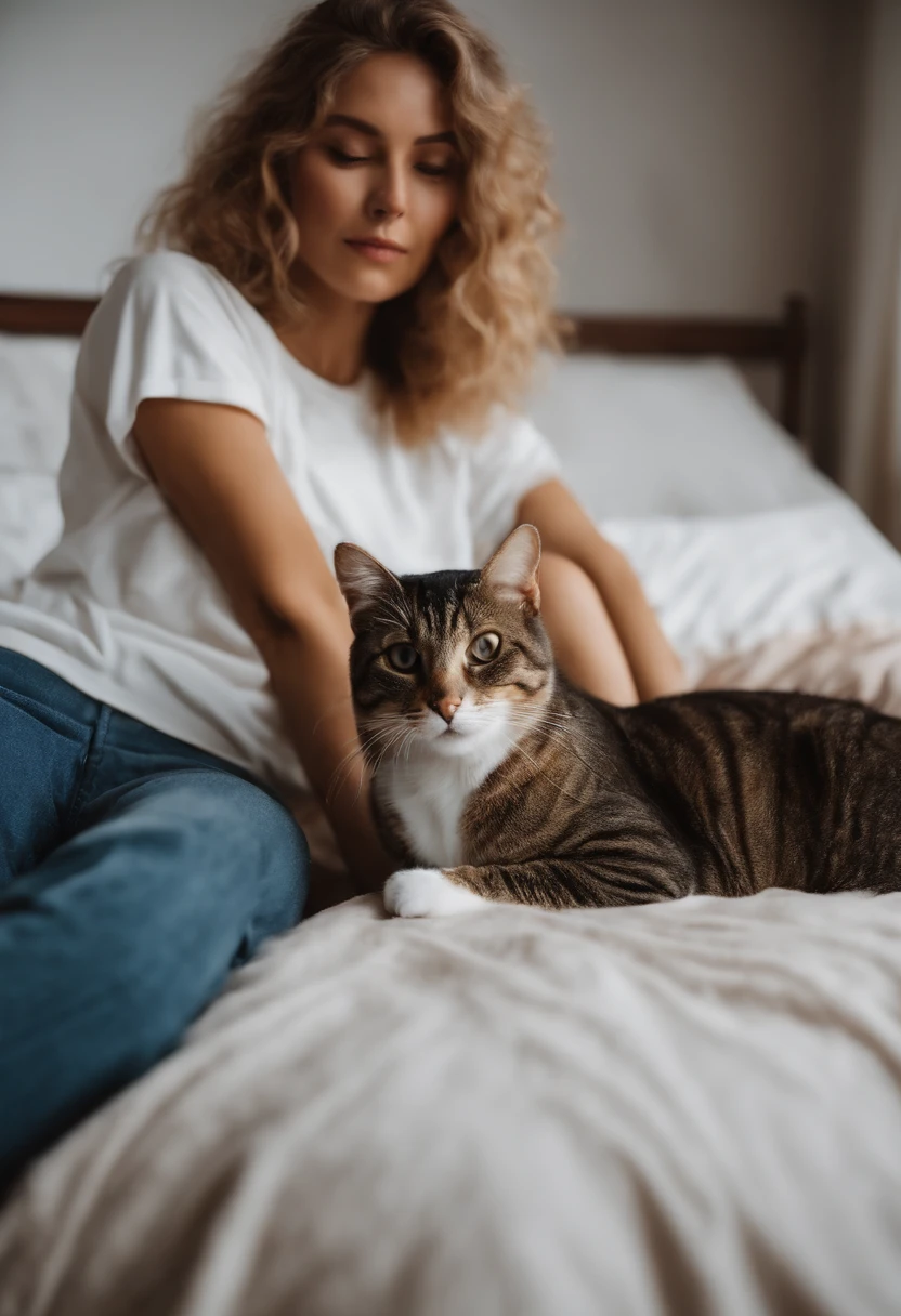 woman dressed in comfortable clothes on her bed with her cat, 80s style, half body shot, high quality photo.