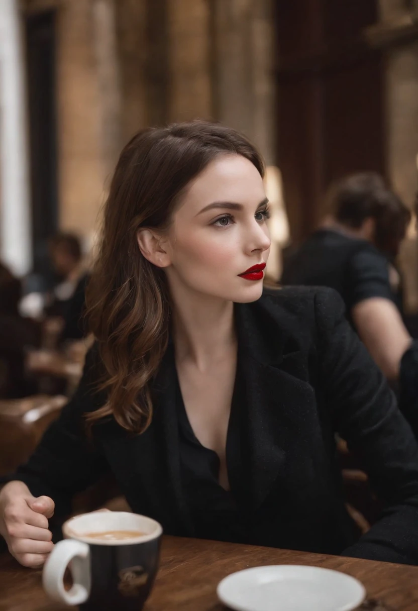 2010s fashion, medium close up, canon ef 85mm f/1.2l ii usm, a woman is sitting with her coffee in a restaurant, wearing a black jacket and red lips, emphasis on facial expression, street fashion.