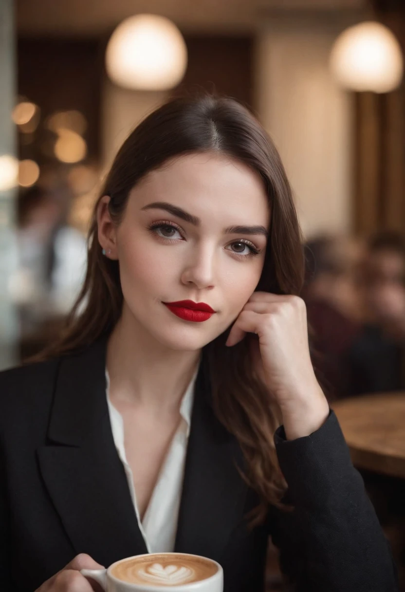 2010s fashion, medium close up, canon ef 85mm f/1.2l ii usm, a woman is sitting with her coffee in a restaurant, wearing a black jacket and red lips, emphasis on facial expression, street fashion.