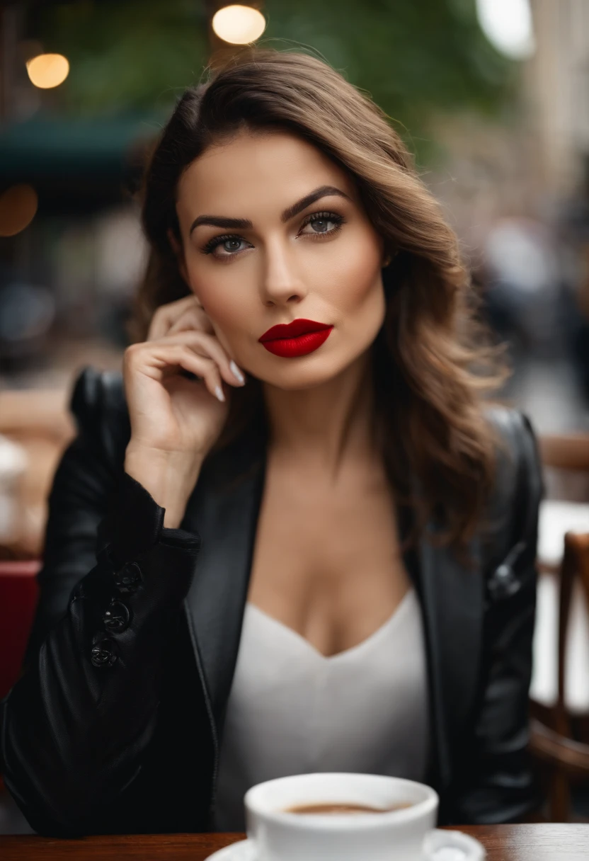 2010s fashion, medium close up, canon ef 85mm f/1.2l ii usm, a woman is sitting with her coffee in a restaurant, wearing a black jacket and red lips, emphasis on facial expression, street fashion.