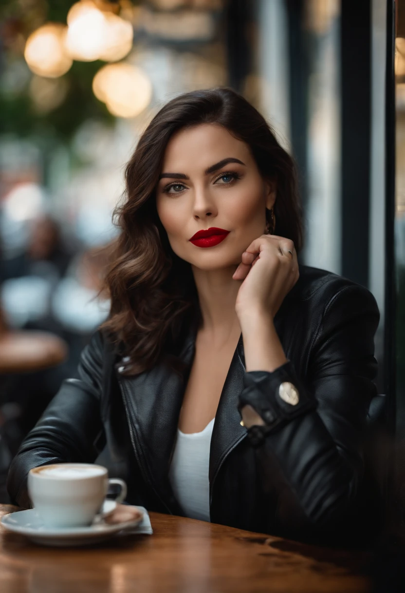 2010s fashion, medium close up, canon ef 85mm f/1.2l ii usm, a woman is sitting with her coffee in a restaurant, wearing a black jacket and red lips, emphasis on facial expression, street fashion.