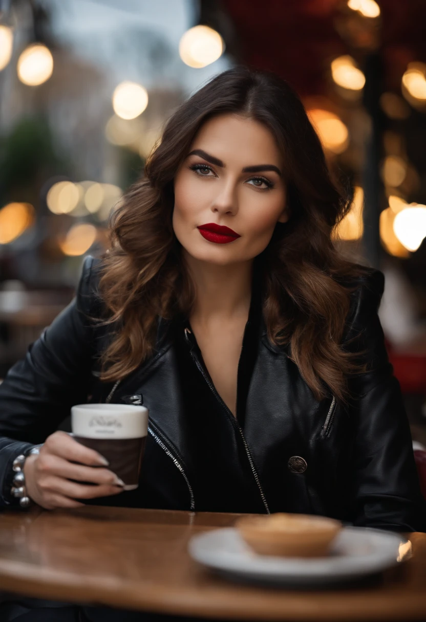 2010s fashion, medium close up, canon ef 85mm f/1.2l ii usm, a woman is sitting with her coffee in a restaurant, wearing a black jacket and red lips, emphasis on facial expression, street fashion.