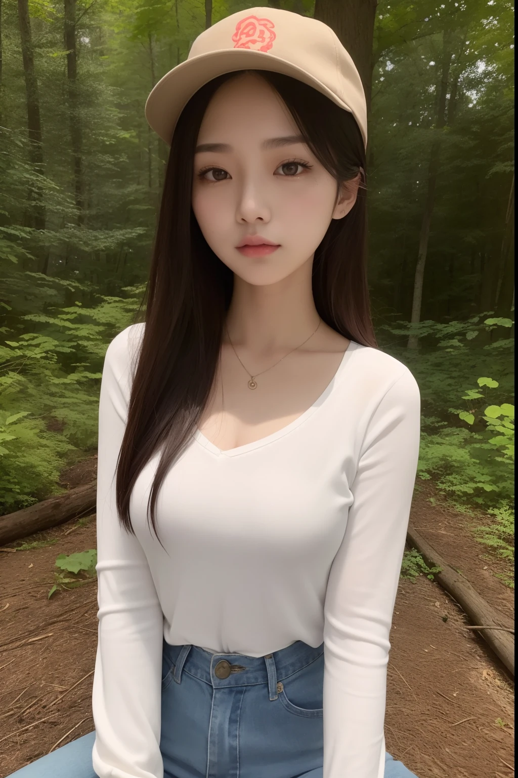 Asian woman sitting in the middle of the woods，Wearing a hat and blue skinny jeans, Open V chest clothes, Gorgeous young Korean woman, Beautiful Asian girl, Sexy girl, beautiful Korean women, young and cute girl, Korean girl, Good young girl, Beautiful young Korean woman, Asian girl, smooth white tight clothes suit, 2 4 year old female model, Attractive girl