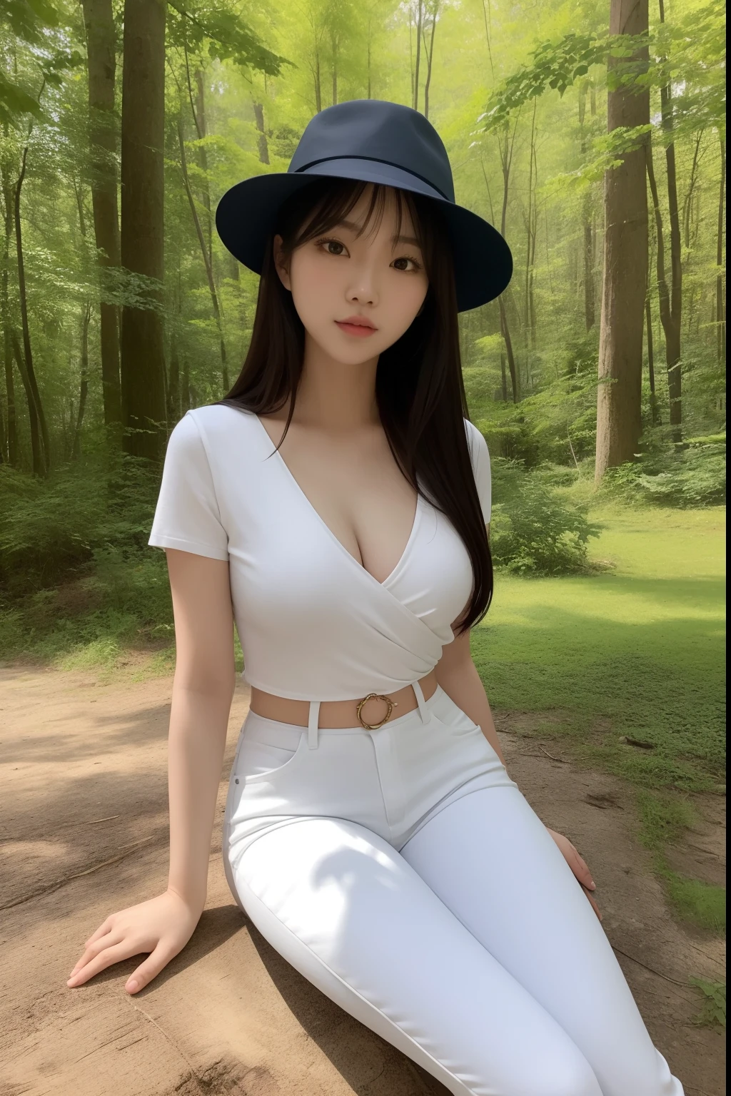 Asian woman sitting in the middle of the woods，Wearing a hat and blue skinny jeans, Open V chest clothes, Gorgeous young Korean woman, Beautiful Asian girl, Sexy girl, beautiful Korean women, young and cute girl, Korean girl, Good young girl, Beautiful young Korean woman, Asian girl, smooth white tight clothes suit, 2 4 year old female model, Attractive girl