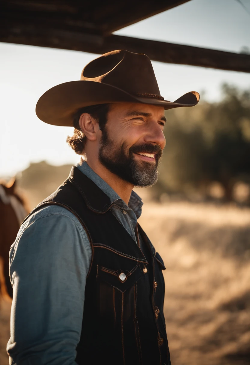 happy man , wearing cowboy hat, cowboy vest, side lighting, sunny day, half length shot, high quality photo.