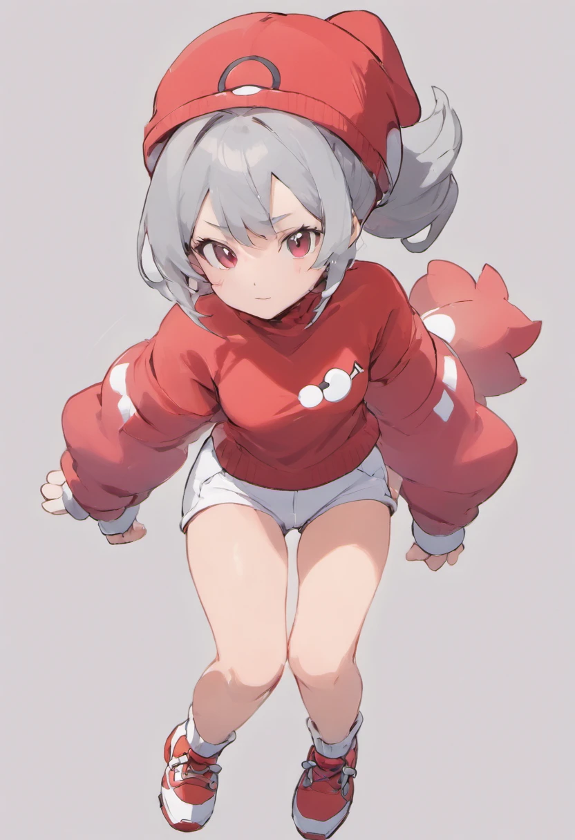 One girl、Composition of the subject seen from the front、Long Sleeve Red Turtleneck Knit、White shorts、red headwear、Gray ponytail、Pose with one arm thrust forward、Hassam behind the subject、