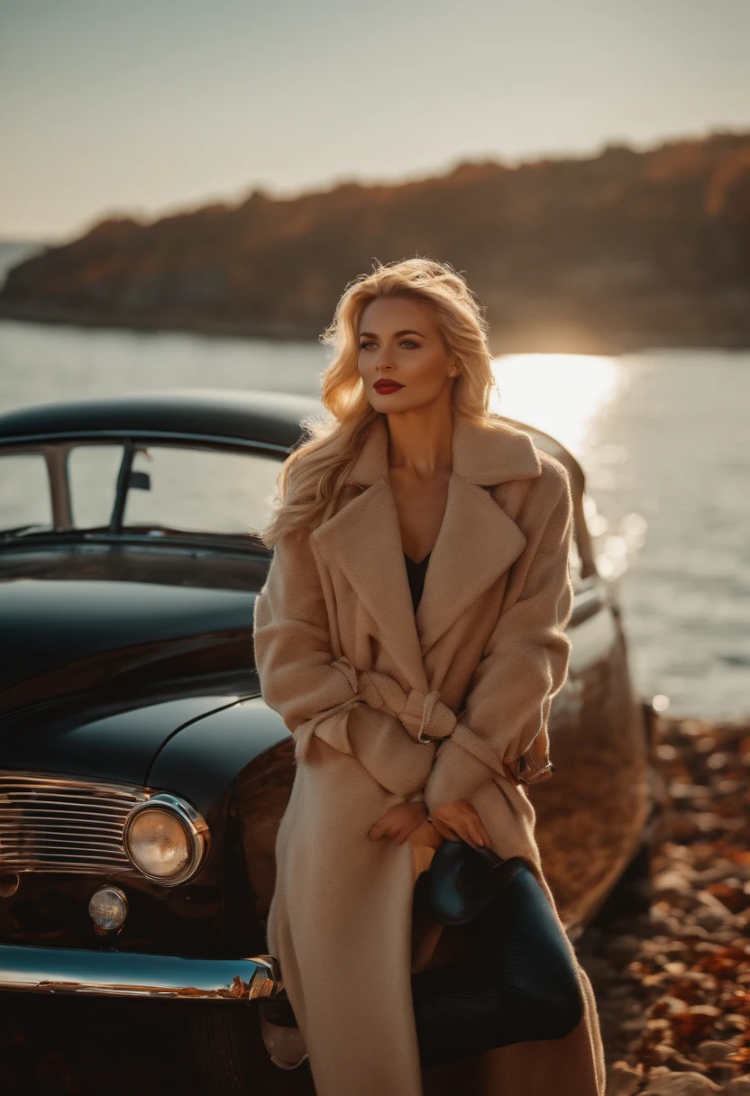 blonde woman,autumn , retro car and sea in the background, sunny day, half body shot, high quality photo