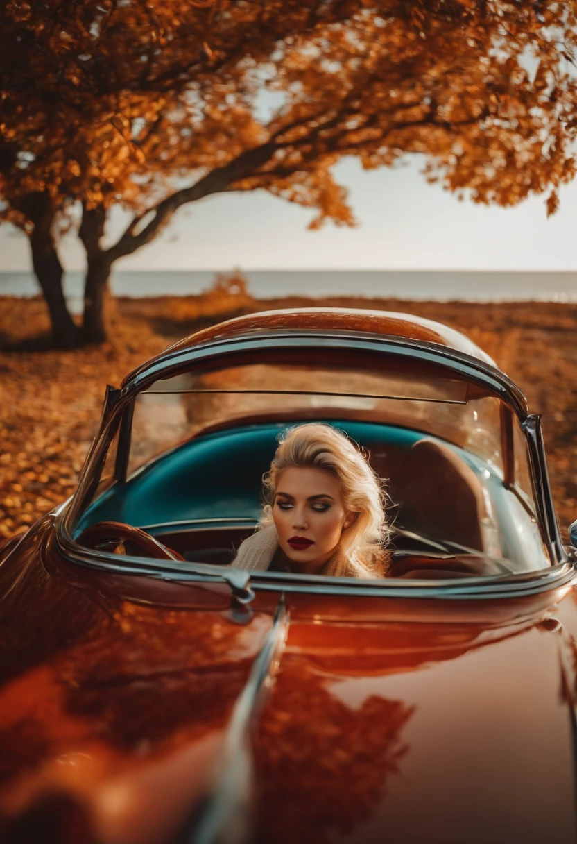 blonde woman,autumn , retro car and sea in the background, sunny day, half body shot, high quality photo