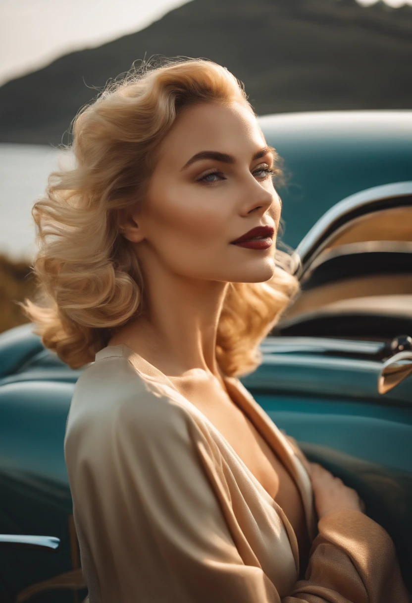 blonde woman,autumn , retro car and sea in the background, sunny day, half body shot, high quality photo