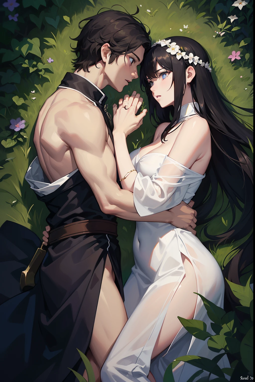 3rd person view, looking at each other, man and woman Sexy, medieval village Woman, Long silky black hair, dark blue eyes, pale white skin, handsome priest, short, Brown hair, Brown eyes, lying on the grass In Forest together naked, (((looking at each other))), on the ground under moonlight, naked, embracing, 1 man, 1 woman