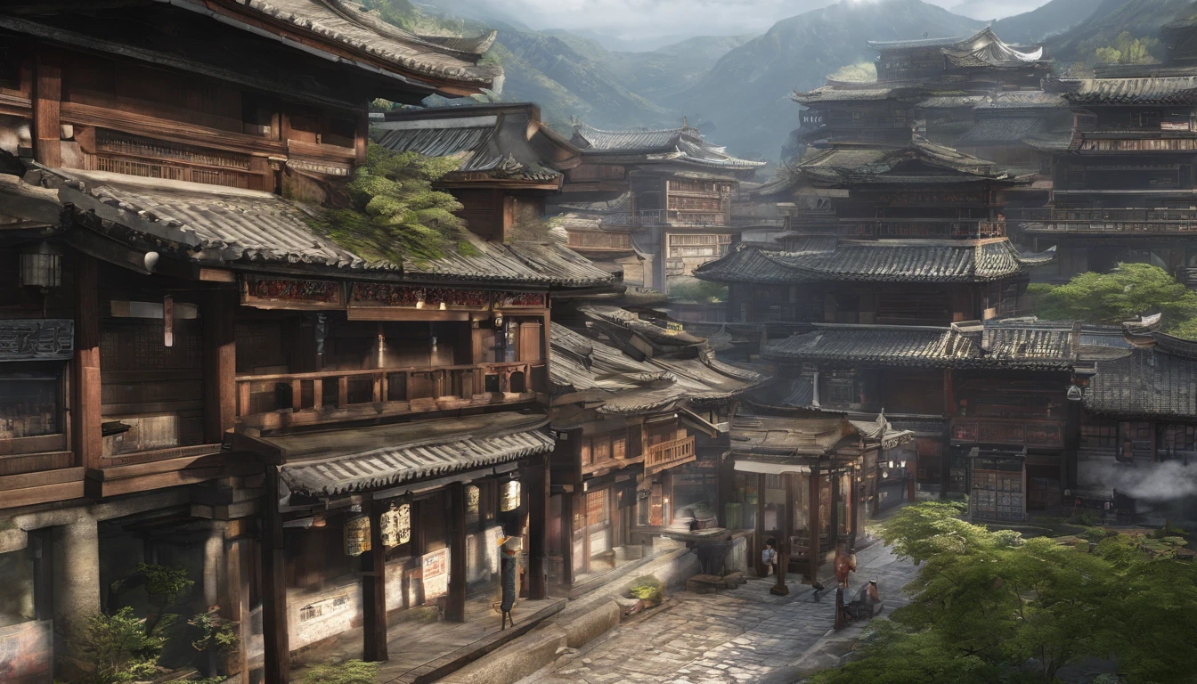 A town with a series of shrine buildings、appearance々It is built at a height、Tfusion with plants、grand、Fine details、high-level image quality