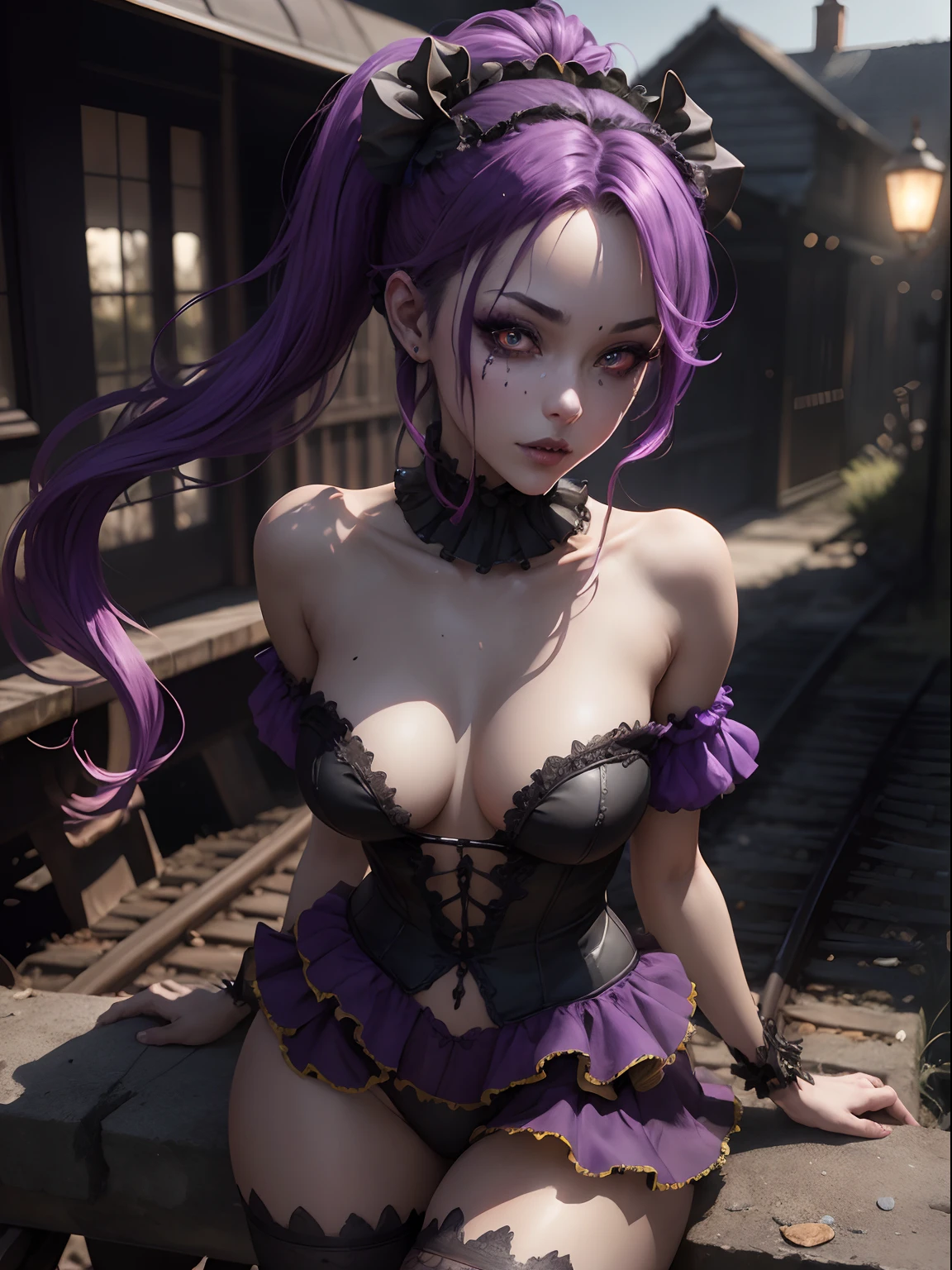 Beautiful Alluring Gothic Clown female, Fantasy Theme, Bare Skin, Outside Of A Haunted Train Ride, Purple And Black Stripes, Gothic Clown Makeup, Frilly Outfit, pigtails hairstyle, Barely Clothed, Beautiful D&D Character Portrait, Ominous, Dark Fantasy, Detailed, Digital Art, Extreme Detail, Polished, Beautiful, Hyperdetailed, Intricate, Elaborate, Meticulous, Anime Character, Detailed, Anime Face, Sharp Focus, Unreal Engine, 3d Rendered, Volumetric Lighting, Reflections, Glossy, Digital Illustration, Sensual Pose, Suggestive Pose, Full Body Shot, 💖❤💕💋❣