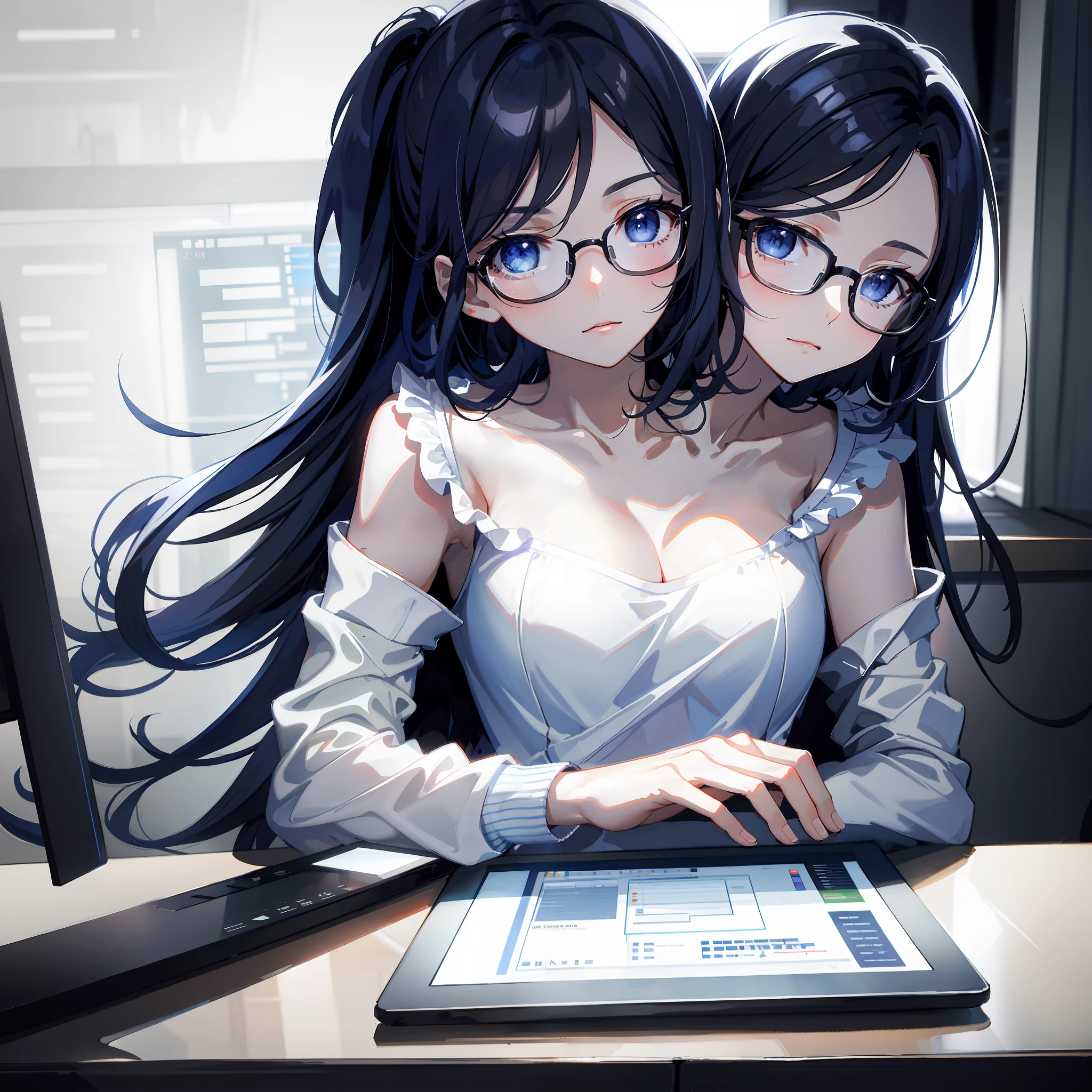 (masterpiece, best quality), best resolution, computer screen, (2heads:1.5), 1girl, black hair, blue eyes, two pairs of glasses, white jacket, black t-shirt, sitting at a desk, drawing animation on a graphing tablet, studio