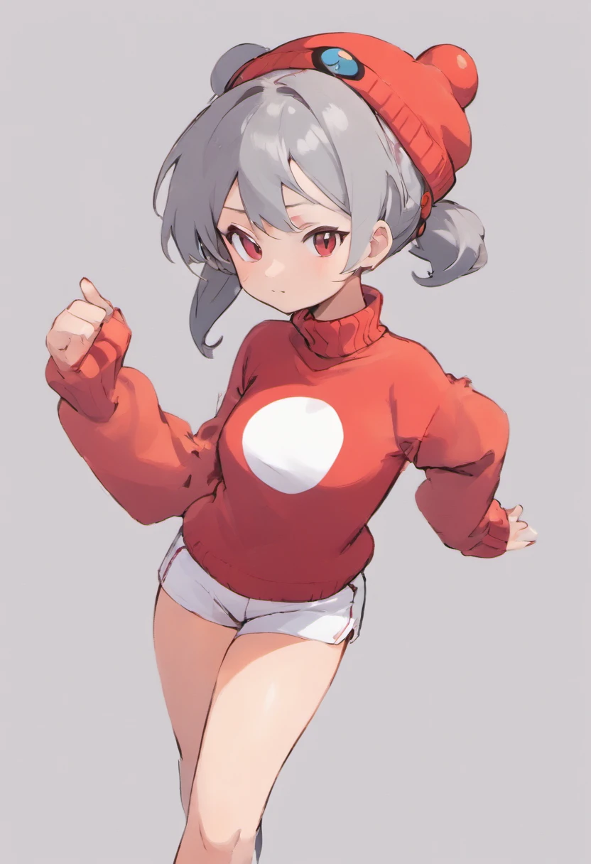 One girl、Composition of the subject seen from the front、Long Sleeve Red Turtleneck Knit、White shorts、red headwear、Gray ponytail、Pose with one arm thrust forward、Pokémon Hassam、