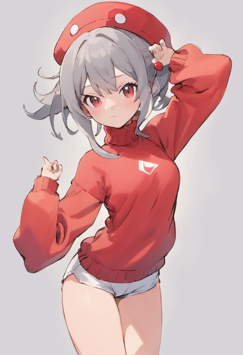 One girl、Bring your arms forward、Hand Par、Close-up of the subject's upper body、Composition of the subject seen from the front、Long sleeve red turtleneck knitted bird illustration、White shorts、Red Cap Cap、Gray ponytail、Pose with one arm thrust forward、