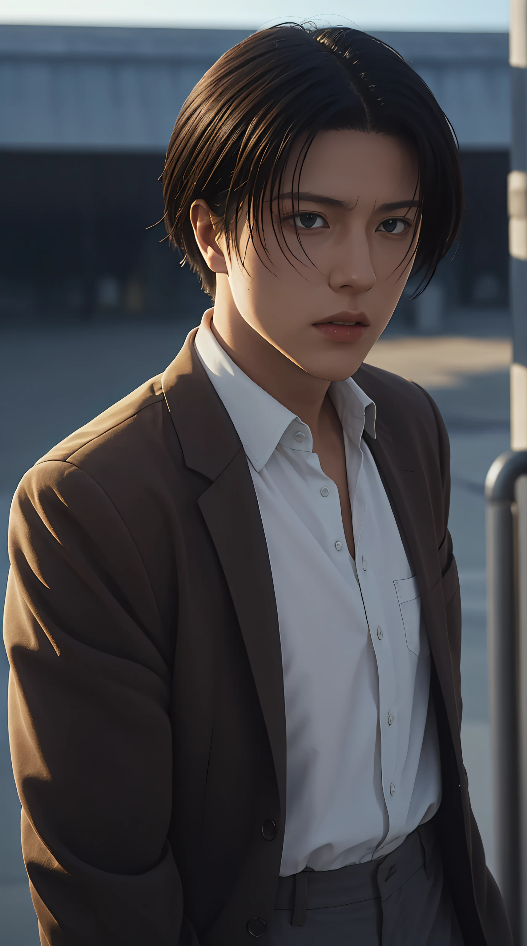 levi from attack on titan anime, dark hair, middle parted hair, white shirt, brown jacket, cream pants, realism, masterpiece, textured skin, super detailed, high detail, high quality, best quality, 1080p, 16k