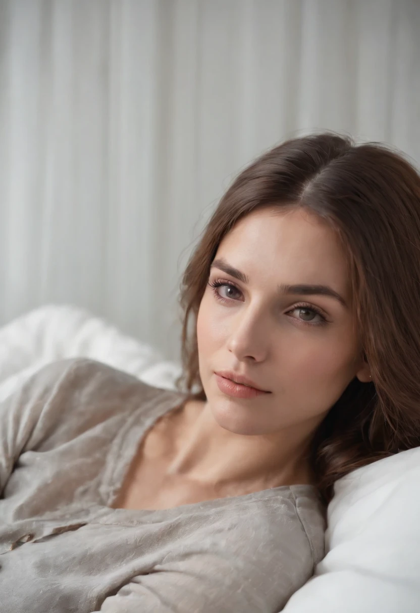 woman dressed in comfortable clothes on her bed , 80s style, half body shot, high quality photo.
