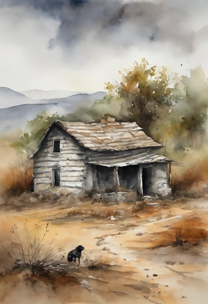 A man with a stiff and lonely face,Behind it is a dilapidated earthen house,Next to it is a dirt dog,The sky is all gray