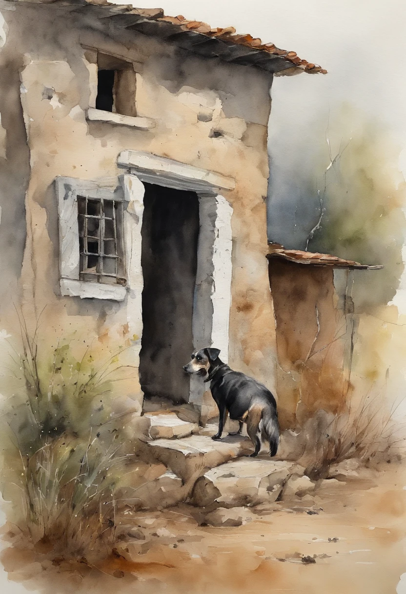 A man with a stiff and lonely face，Behind it is a dilapidated earthen house，Next to it is a dirt dog，The sky is all gray
