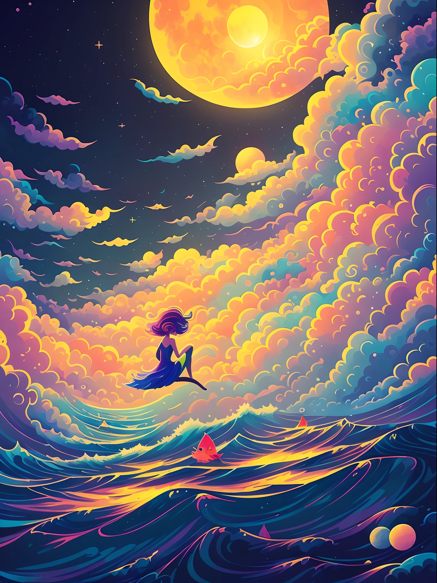 Full moon and sea with illustration of many clouds, spray,The fish,jen bartel, colorful flat surreal ethereal, A beautiful artwork illustration, Inspired by Cyril Rolando, colorful swirly magical clouds, victo ngai! cmyk palette, In the style of Cyril Rolando, colorful concept art, dreamy psychedelic anime, Colorful illustration