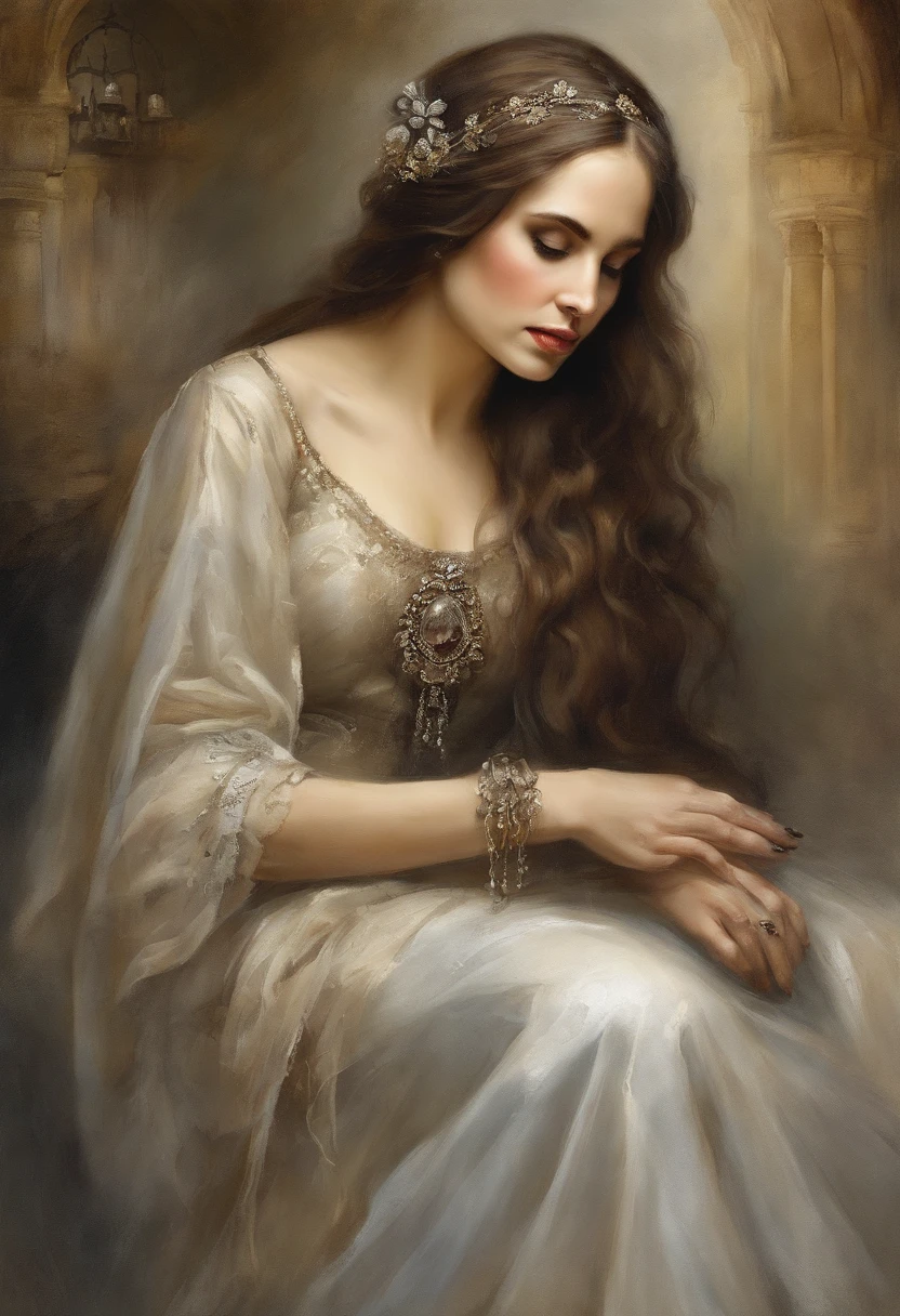 hyperdetalized and high-quality image, A young corpse bride of beautiful gothic appearance, brown haired with gray eyes, gold jewelry on her neck, hands on her head and ears, full-length, holding skull in her hand, standing against the background of the Ipatiev monastery of the city Kostroma is the cradle of the Romanov House, This photograph, taken with the Nikon D, gives the impression of serenity and peace, leaving you calm and relaxed