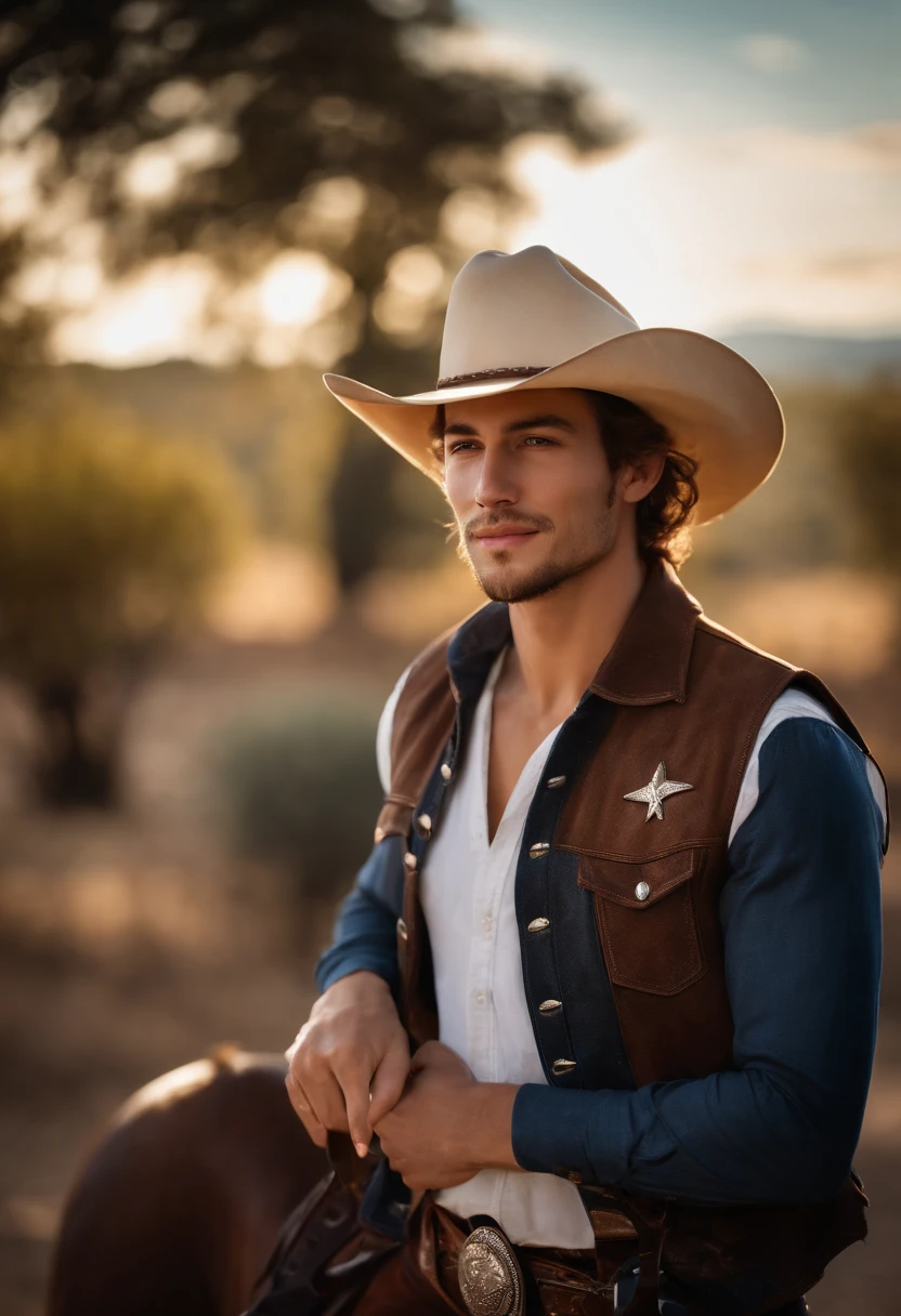 happy young man , wearing cowboy hat, cowboy vest, side lighting, sunny day, half length shot, high quality photo.