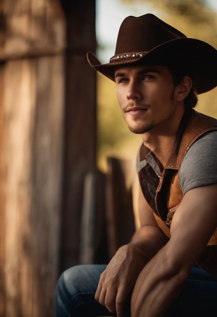 happy young man , wearing cowboy hat, cowboy vest, side lighting, sunny day, half length shot, high quality photo.