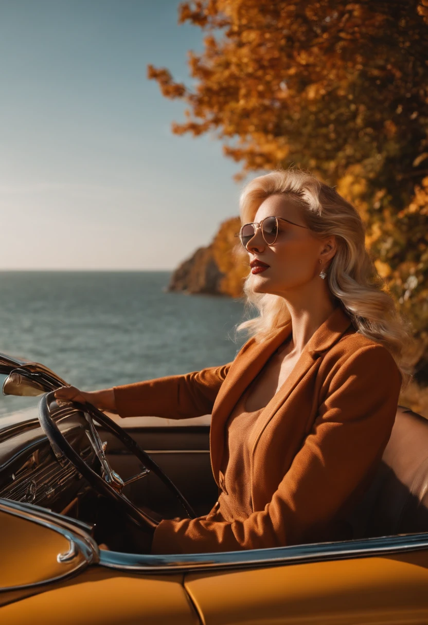 blonde woman,autumn , retro car and sea in the background, sunny day, half body shot, high quality photo