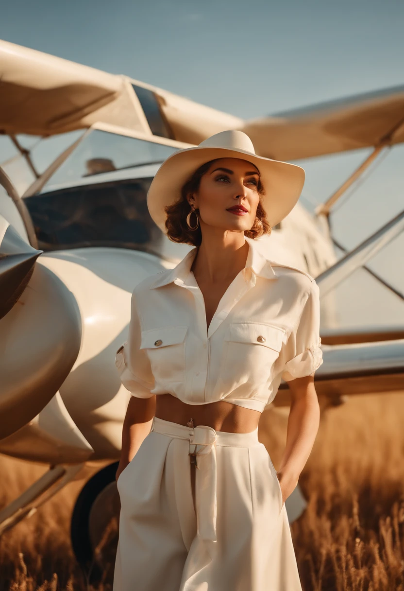 woman in white hat, safari style, white retro plane and open field in the background, sunny day, medium shot, high quality photo.