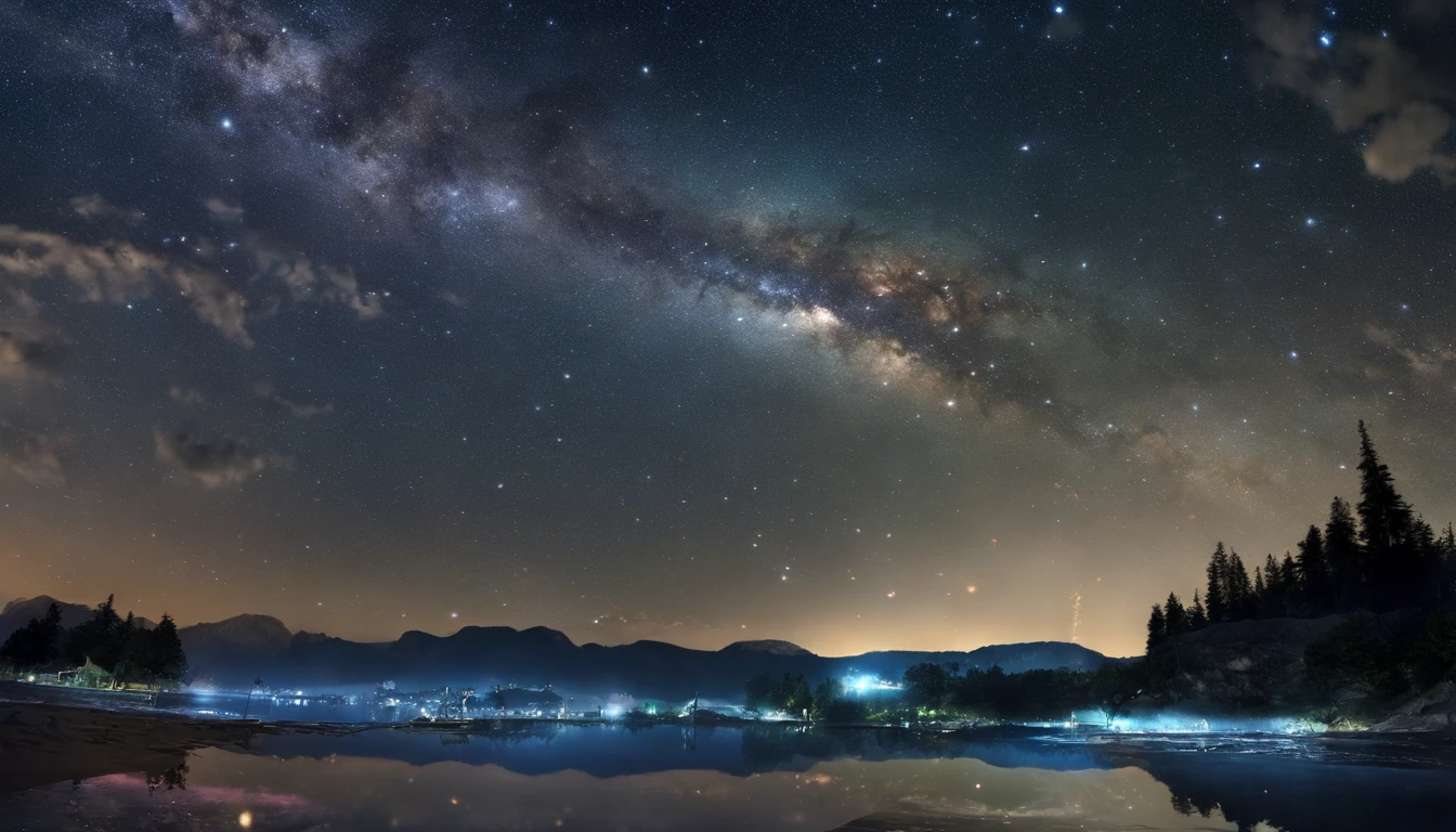 nigh sky、night sky full of stars、The surface of the water is reflecting the stars、Top image quality、