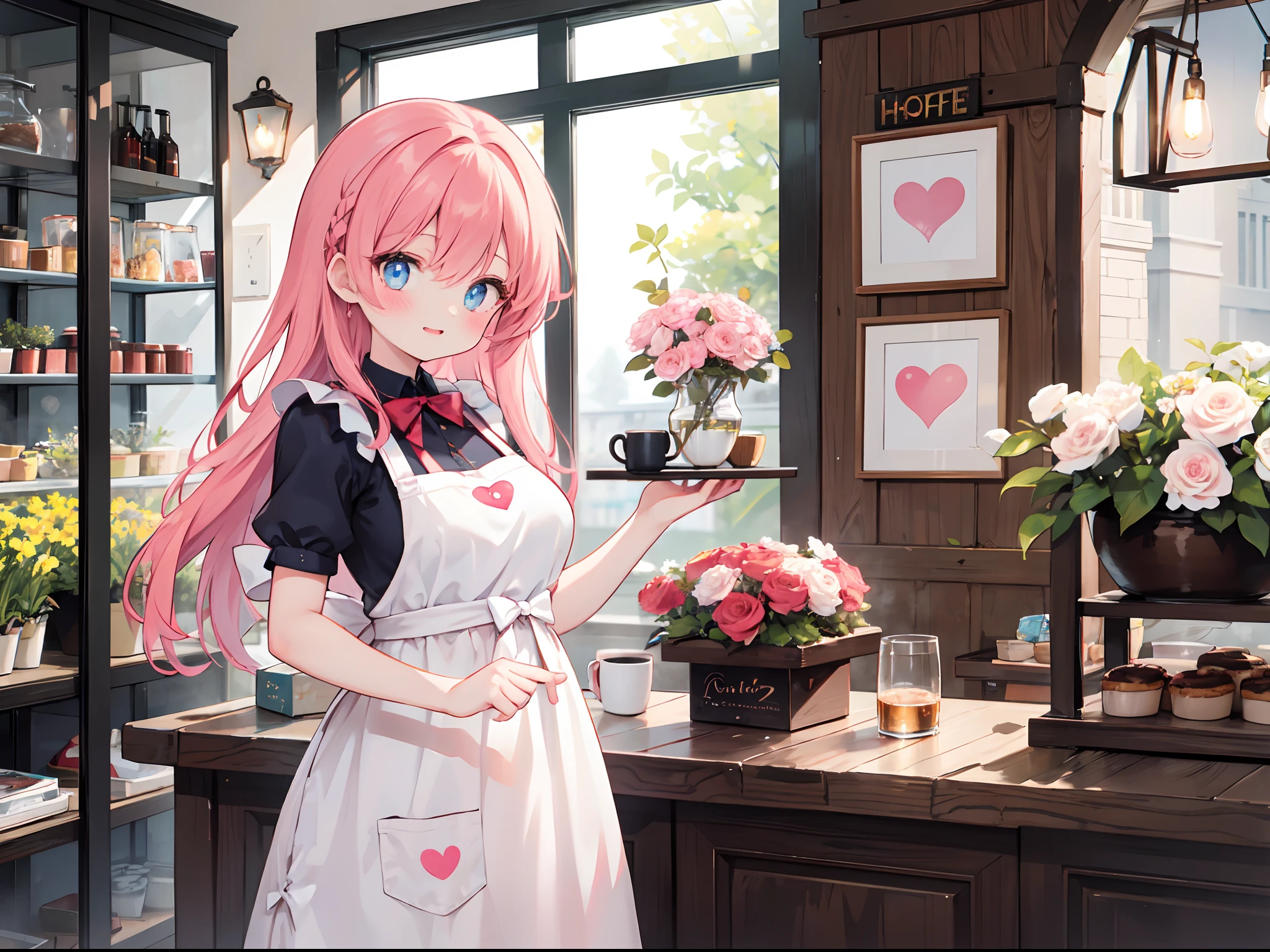 a girl that works at a flower shop greets her rosebuds, red bright hair, blue turquoise crystal eyes, heart pupil, love, lovely, the shop is decorated in pink, daylight, coffee, dressed with ruffles and modern apron with bow, mature woman