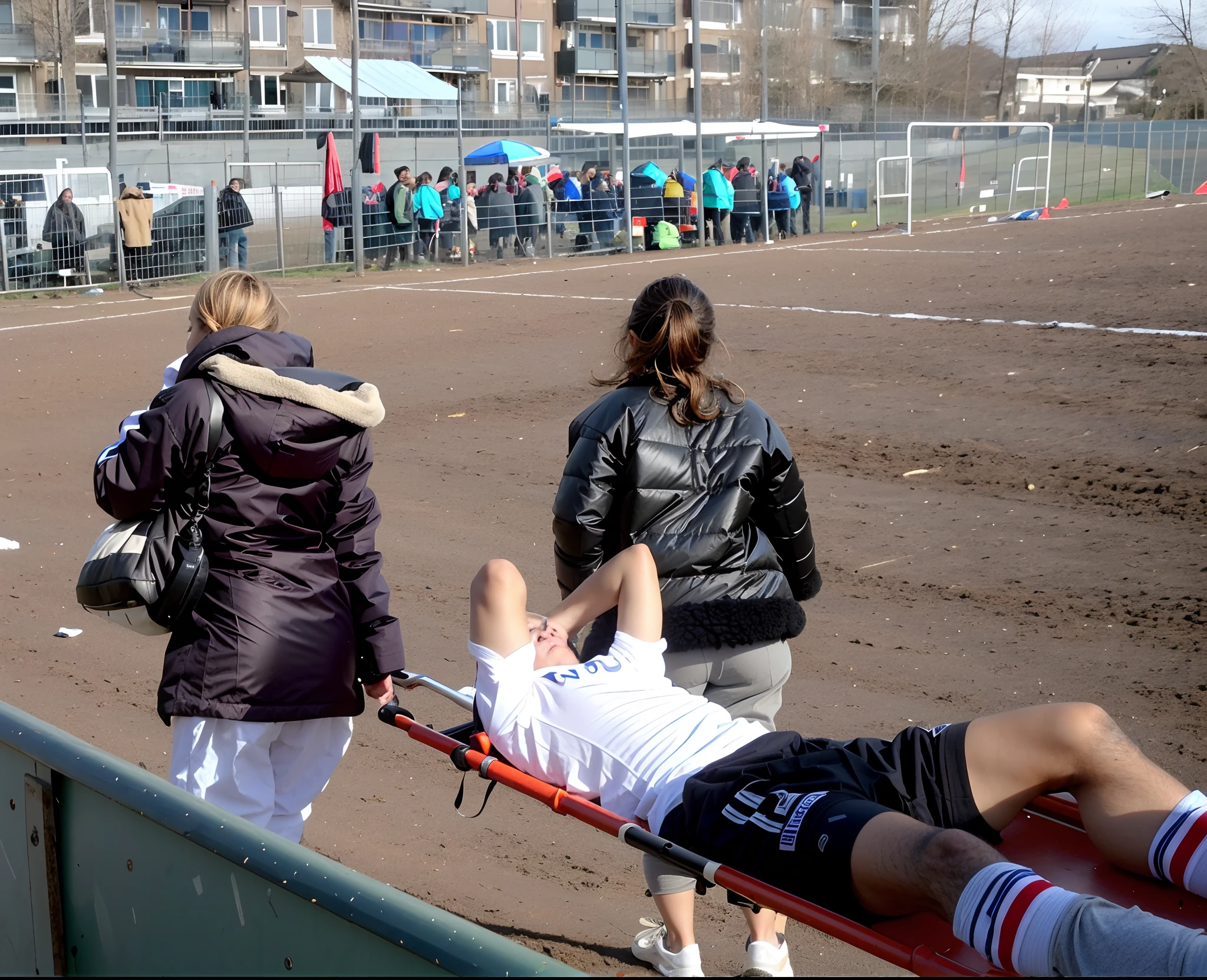There is a man lying on his back on a stretcher with his hands covering his face, a man in a t-shirt and sports shorts has put his hands over his face, the man has his agonised face looking to the sky, two horny looking women are seen from behind in very shiny coats, there are seen two women from behind wearing laquered puffy coats, pityful women are walking in wetlook puffy coats, several women walking around a football field with an injured athlete on a stretcher, the injured athlete on the stretcher is grabbing his injured leg with both hands, the women look very worried, behind the women there is a frightening atmosphere, there is heavy rainfall in the background, video still, behind the scenes, pity, china, erotic, horny, drama, women in shiny coats are carrying a man on a stretcher in a field, football hooligans, over-shoulder shot, on a soccer field, very sad, sad scene, realistic scene, injured, on the field, photo taken from behind, over the shoulder shot, looking partly to the left, on a football field, realistic shot