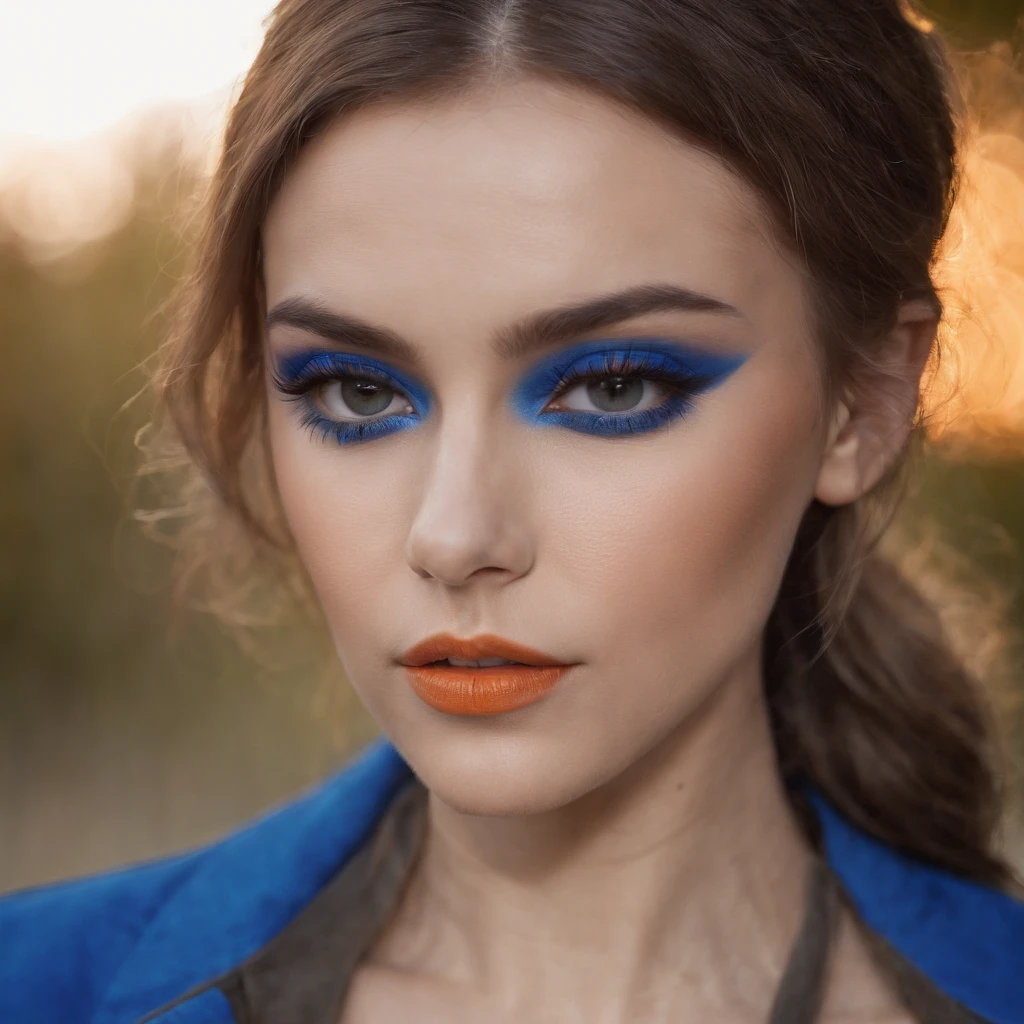 a young woman in a blue jacket with orange and blue makeup, in the style of fujifilm natura 1600, androgynous, Oscar Dominguez, uhd image, playing with light and shadow, klaus pillon, jagged edges  --ar 72:107 --v 5