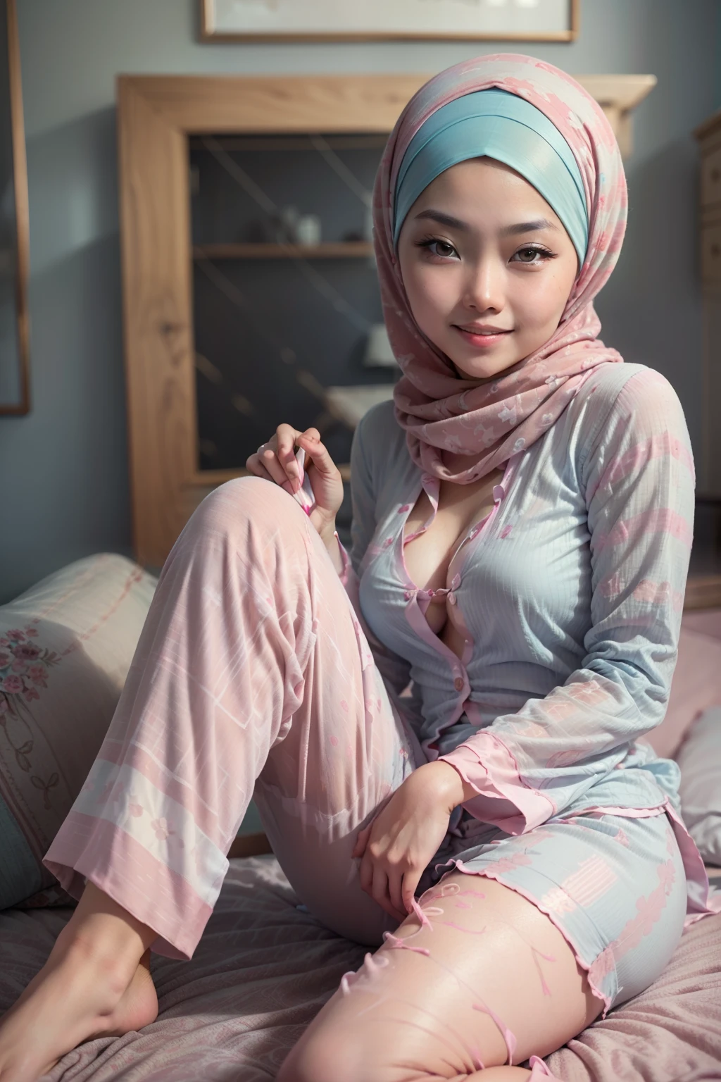 Malay girl in hijab wearing sexy pastel color pajamas portrait photography, mid shot photo, ultra detail, professional photograph with professional lighting, smile, light blue studio background, sexy seducing pose,