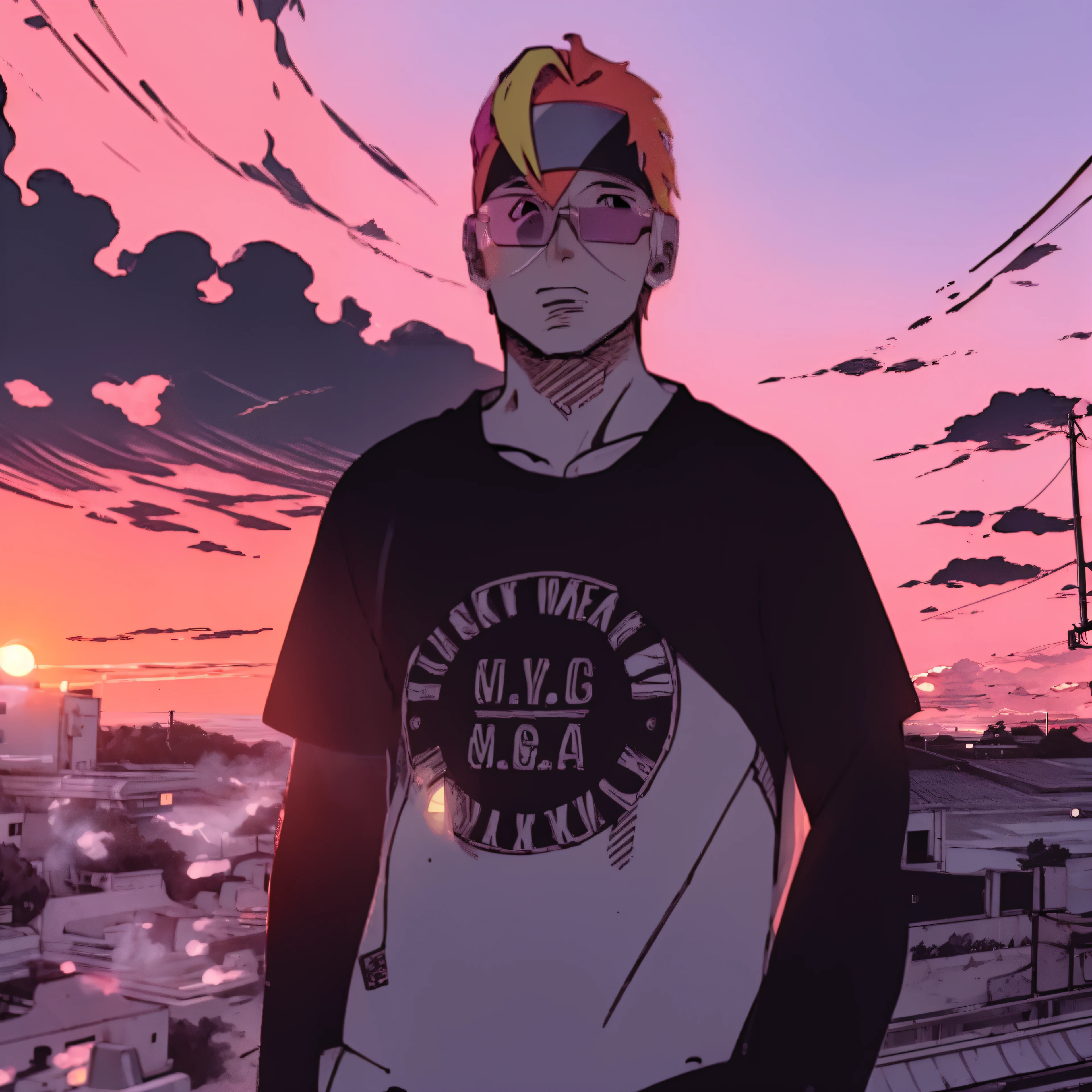 cute anime boy ,sunset , vhs , retro anime vibe , beautiful sky