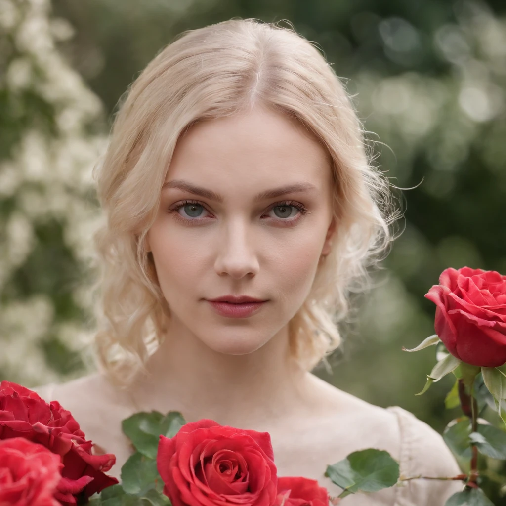 a young blonde woman peering at roses, in the style of queer academia, europunk, rodenstock imagon 300mm f/5.8, close-up, andrzej sykut, vivienne westwood, harmony with nature --ar 133:201