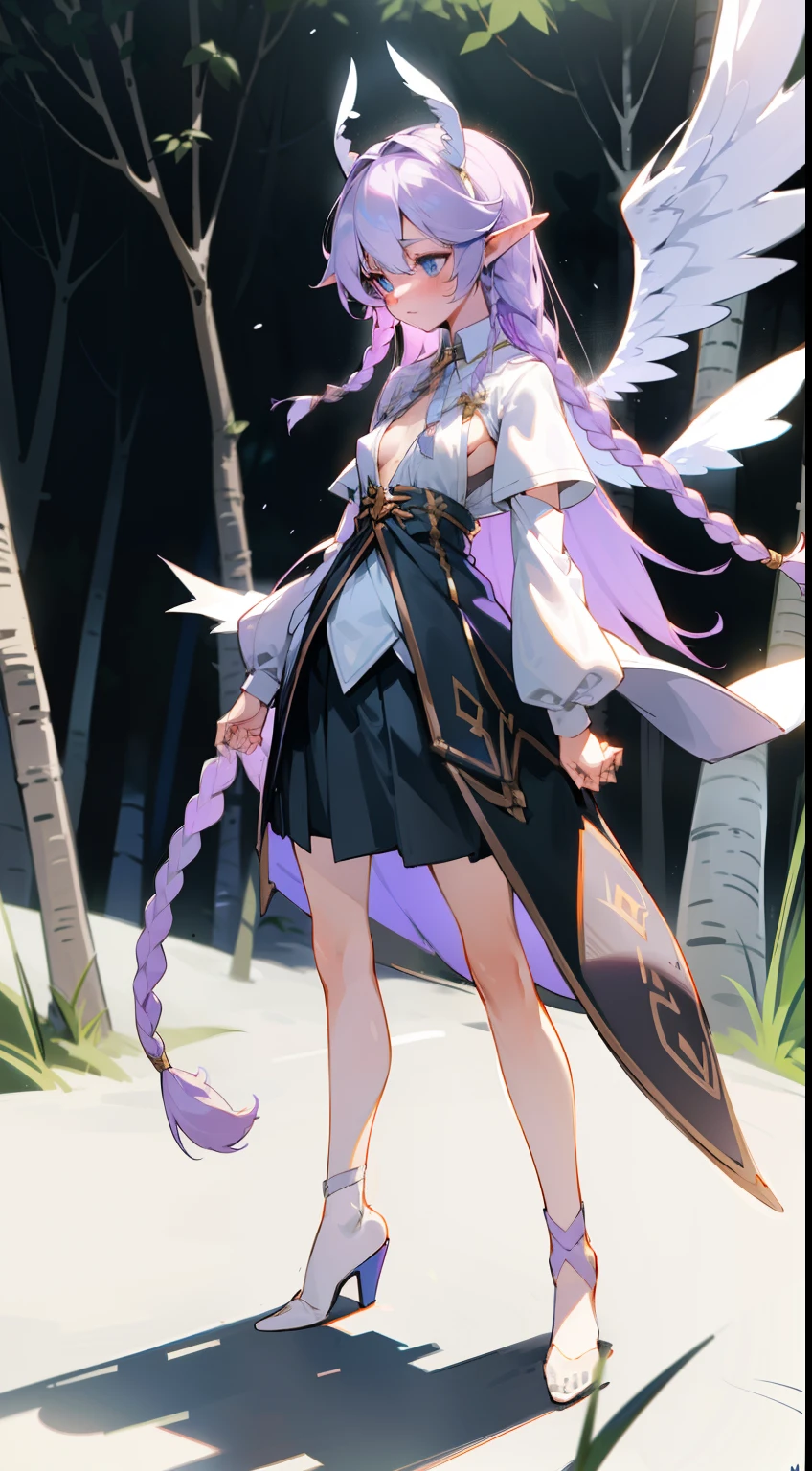 1girl,20s,solo,shy face,white shirt,black skirt,small tits,light purple hair,long hair,braided hair,Wings,blue eyes,,elves ears,(((standing in front of a forest)))