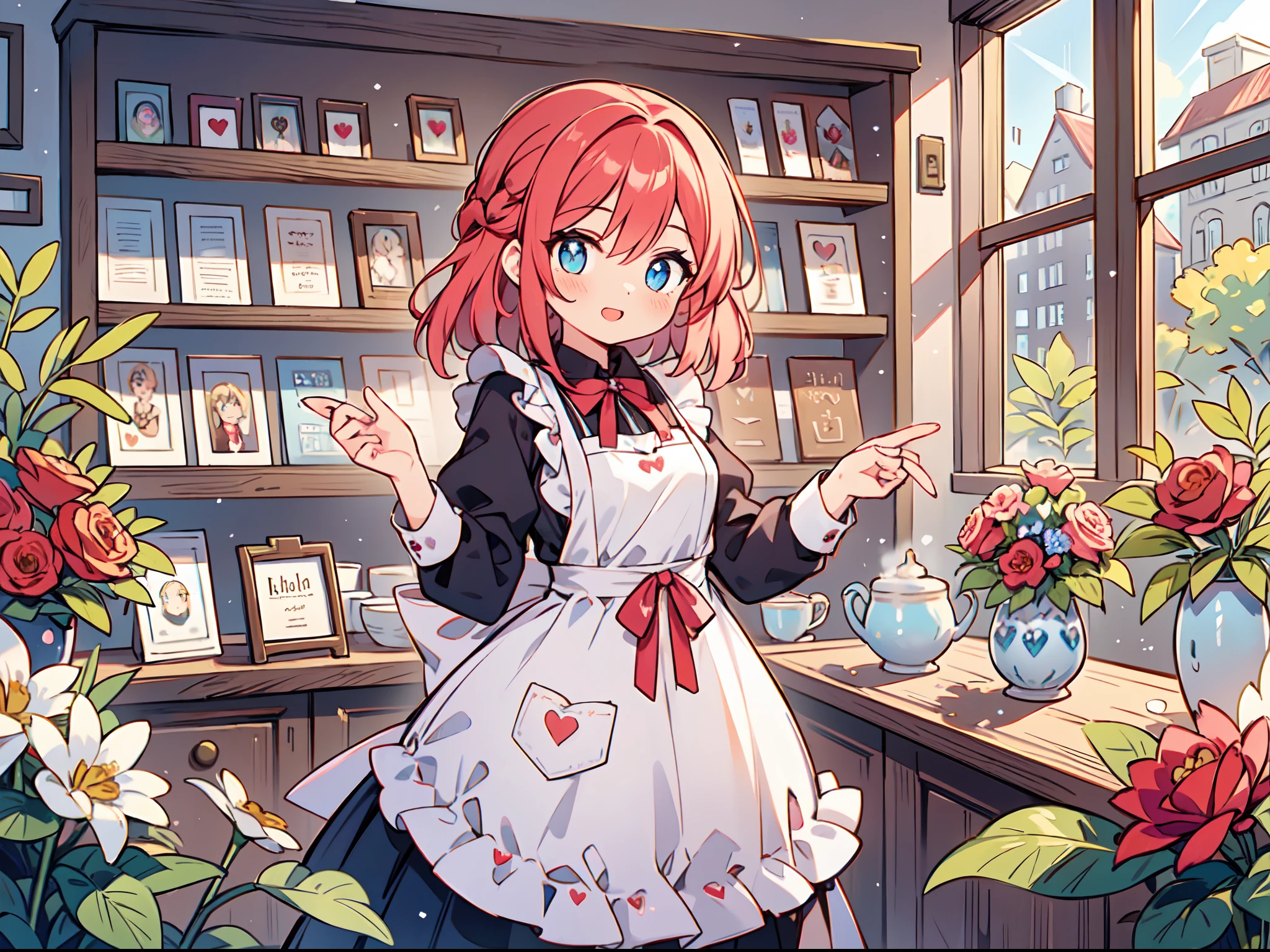 a girl that works at a flower shop greets her rosebuds, red bright hair, blue turquoise crystal eyes, heart pupil, love, lovely, the shop is decorated in pink, daylight, coffee, dressed with ruffles and modern apron with bow, mature woman